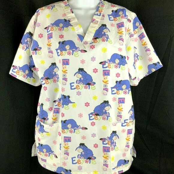 Disney Eeyore Scrub Top Small White V Neck Cotton Blend Medical Dental - Picture 1 of 5
